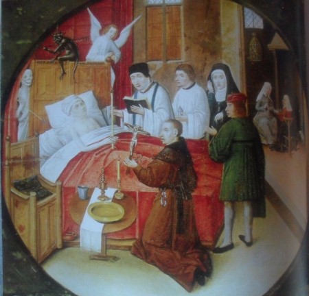 La muerte del justo detalle de la mesa de los siete pecados capitales 1495 oleo sobre tabla 150 – 120 cm Hieronimus Bosch, el Bosco (1450-1516)museo de prado Madrid 