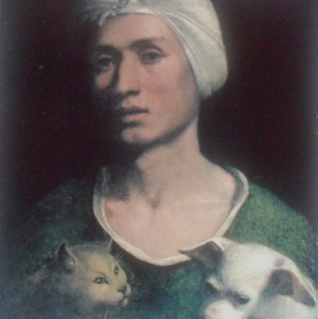 Joven con gato y perro 1520-1530 oleo sobre tela 28 – 24 cm, escuela Italiana del siglo XVImuseo de la universidad de Oxford