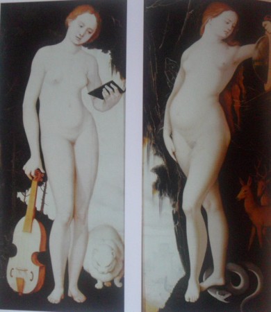 Alegoría femenina con cancionero viola y gato 1525, oleo sobre tabla 83 – 36 cm cada una Hans Bandung Grien (1484-1545), museo Bayerische Múnich 
