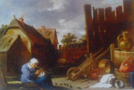 Anciana quitándole las pulgas a un gato 1640, oleo sobre tela David Teniers (1610-1690), colección privada 