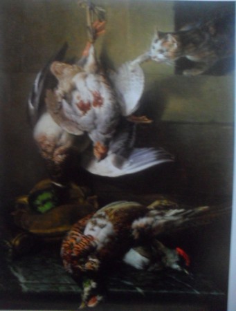 Gato acechando aves muertas 1711, oleo sobre tela 123 – 108 cm Alexandre Francois Desportes (1661-1743),  Rafael valls gallery de Londres