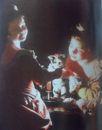 Dos niñas visten a un gatito a la luz de las velas 1768-1770, oleos sobre tela 79 – 61 cmJoseph Wright of Derby (1734-1797), kenwood house Londres 